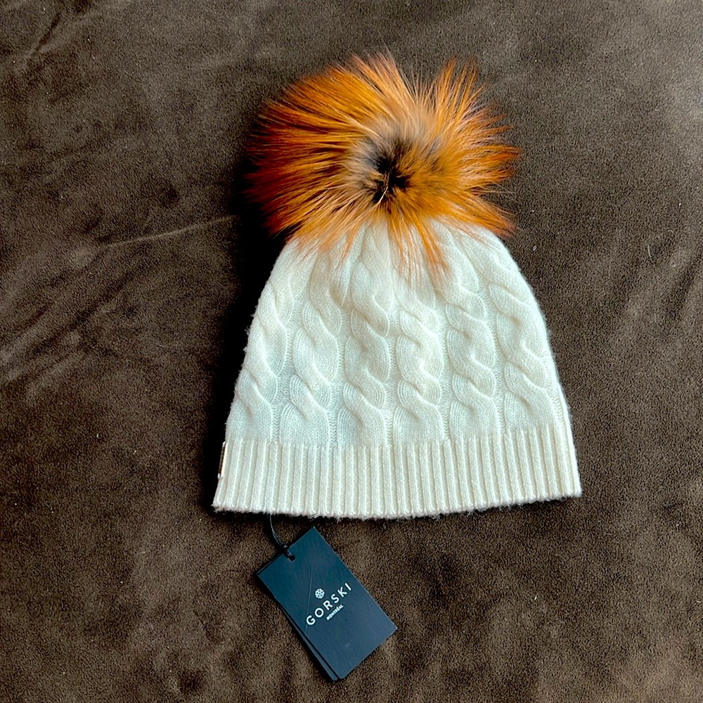 Cashmere Fox Tail IVORY/GOLD Winter Hat From Gorski